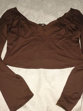 Crop Long Sleeve V-Neck Top in Brown
